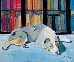 A sticker of her dog, Echo, sleeping in front of a bookshelf that Anna made for her patrons in August 2023.