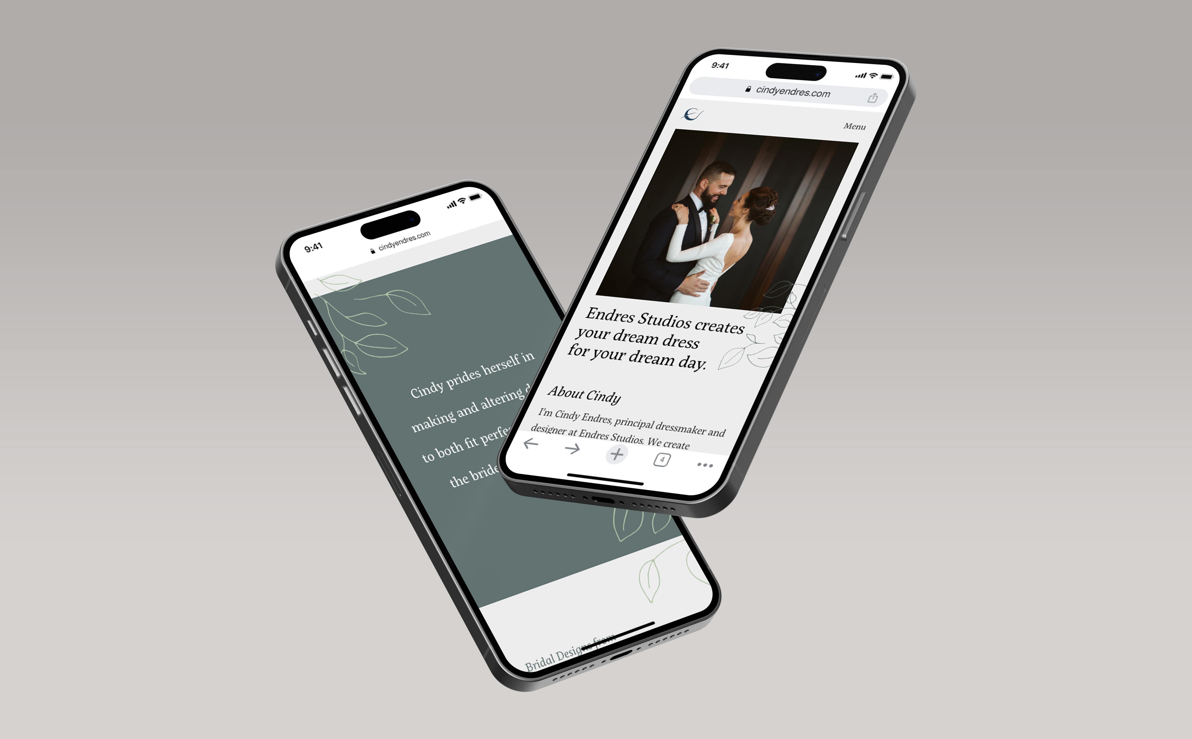 A mockup of the Endres studio website on two mobile devices, one floating in front of the other.