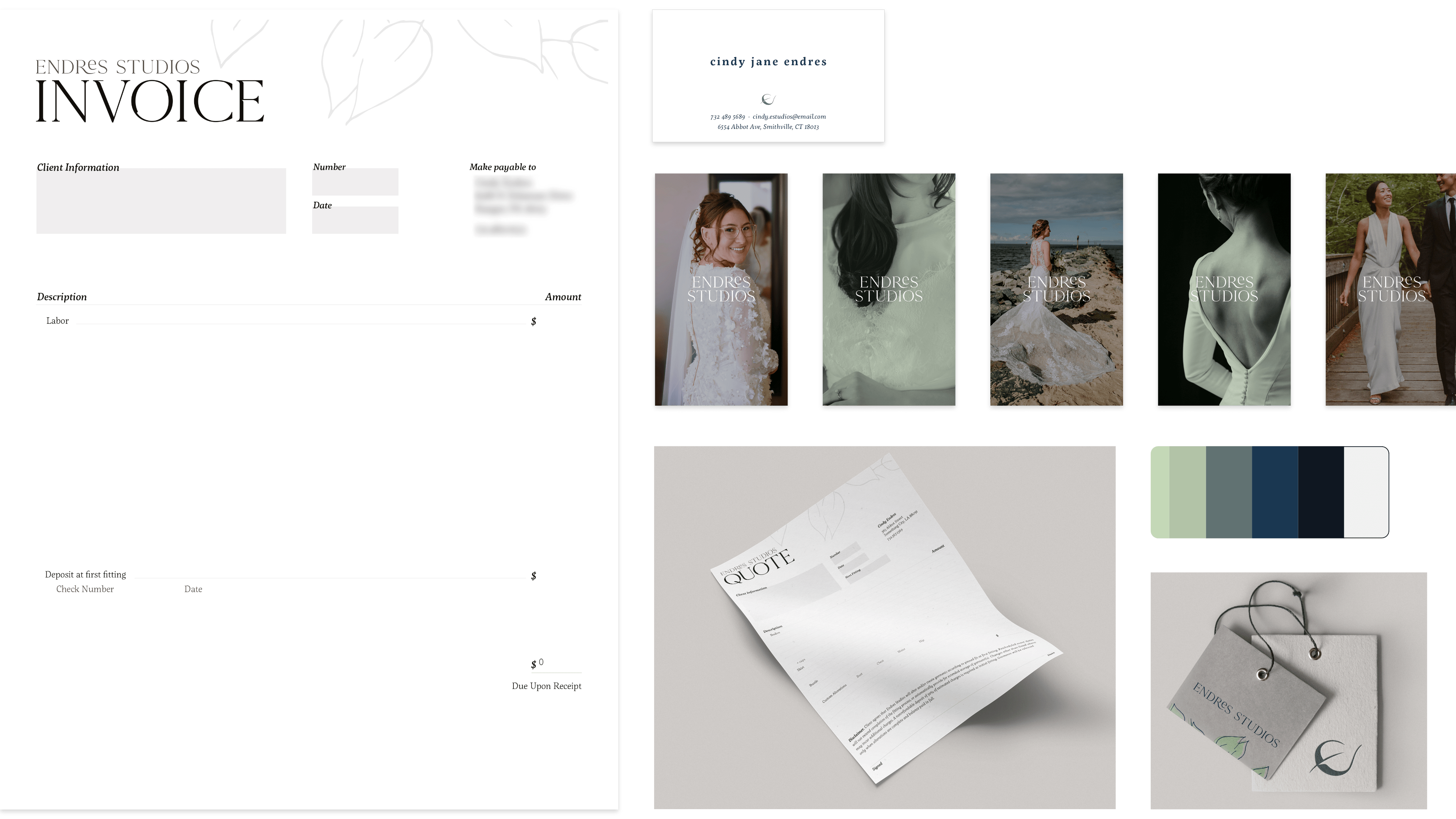 A flat layout with various branded materials, including the color pallete, an invoice, business cards, and tag